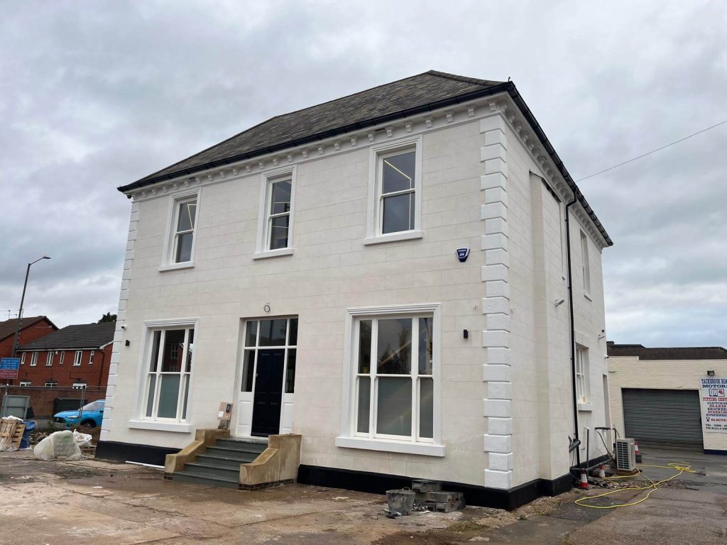 Exterior of a Victorian villa in Leamington Spa undergoing conversion into modern office space.